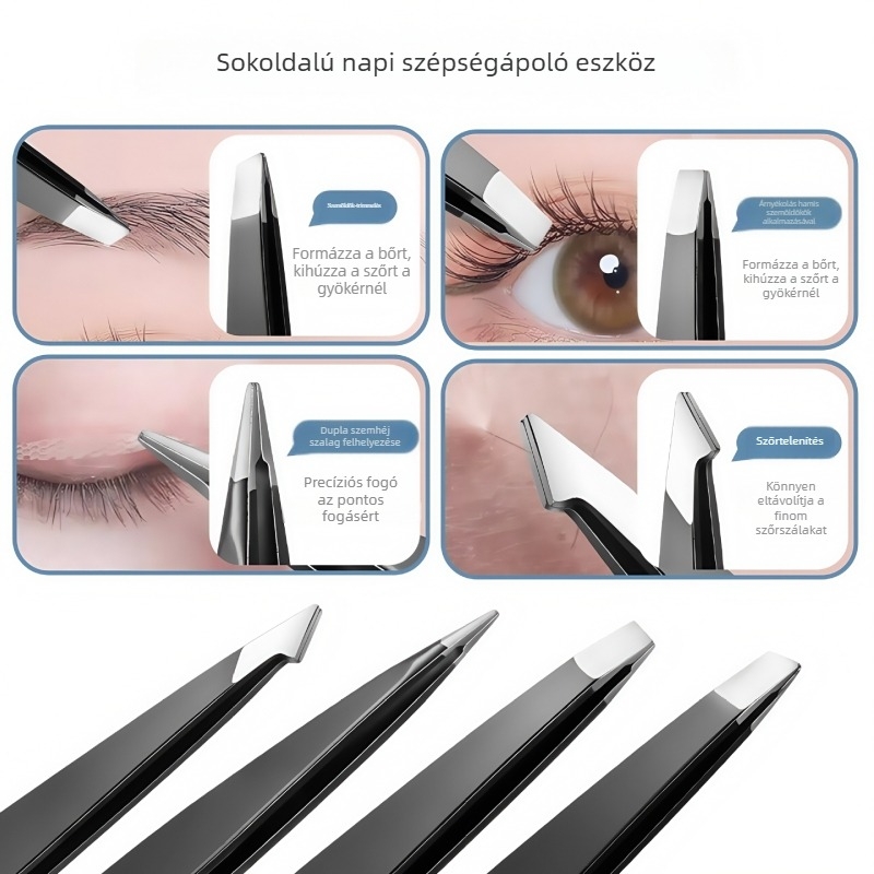 Rozsdamentes acél szemöldökclip készlet, négy darabos, tartalmaz szemöldök formázó csipeszt és eszközt a műszempillák ápolásához