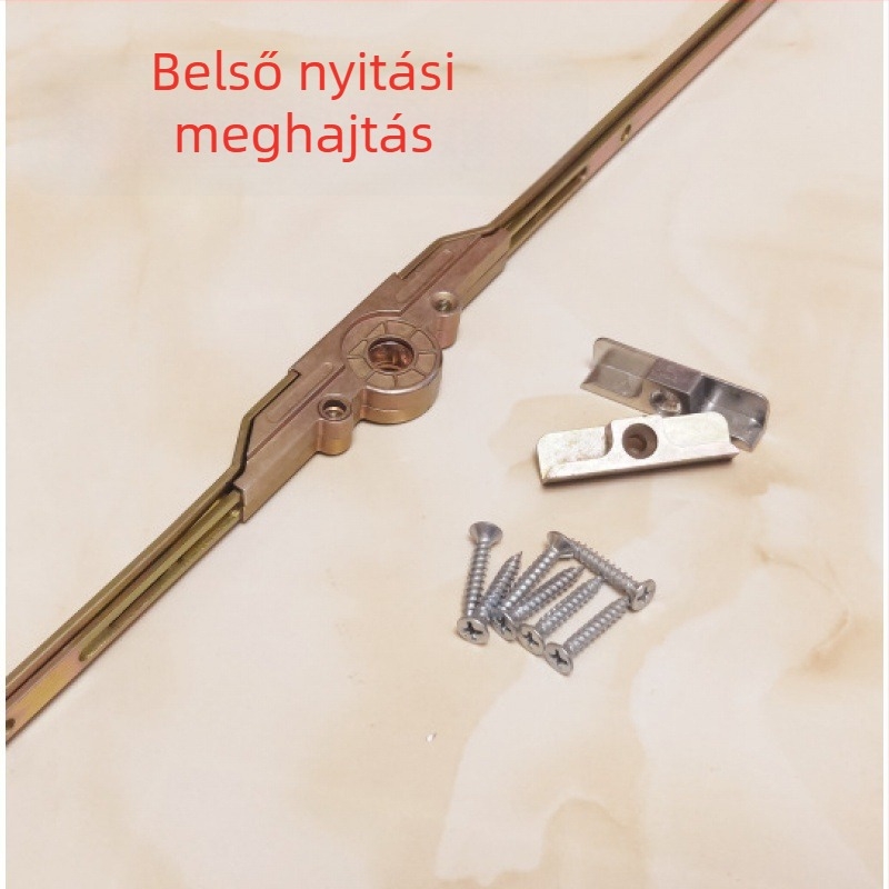 Műanyag‑acél ablak tartozékok: sík nyitó hajtású mechanizmus, továbbító rúd, továbbító zár, összekapcsoló rúd, ablakzár