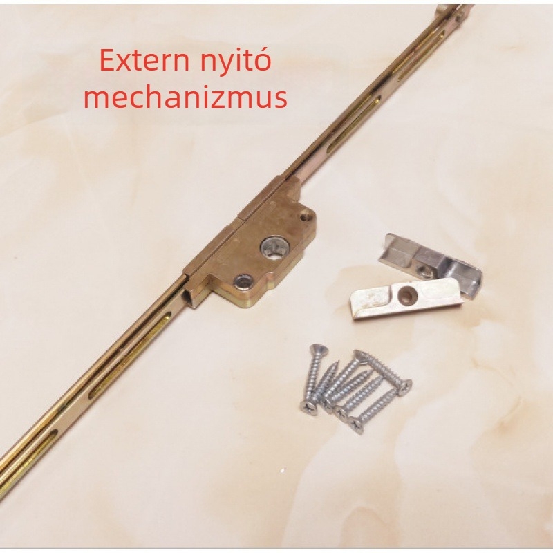 Műanyag‑acél ablak tartozékok: sík nyitó hajtású mechanizmus, továbbító rúd, továbbító zár, összekapcsoló rúd, ablakzár