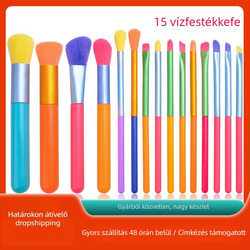 Laughing Fox 15 darabos sminkecset-készlet, műszálas sörték, zacskós csomagolás, műanyag nyél, hosszú nyél