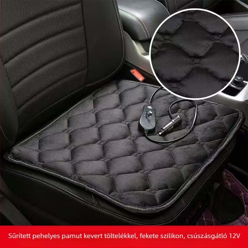 Autómelegítő üléstakaró - 12V/24V, USB 5V, plüss felület, selyemrost töltés