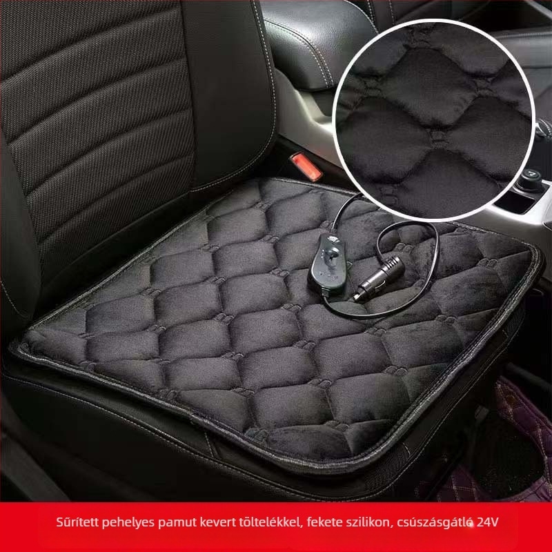 Autómelegítő üléstakaró - 12V/24V, USB 5V, plüss felület, selyemrost töltés