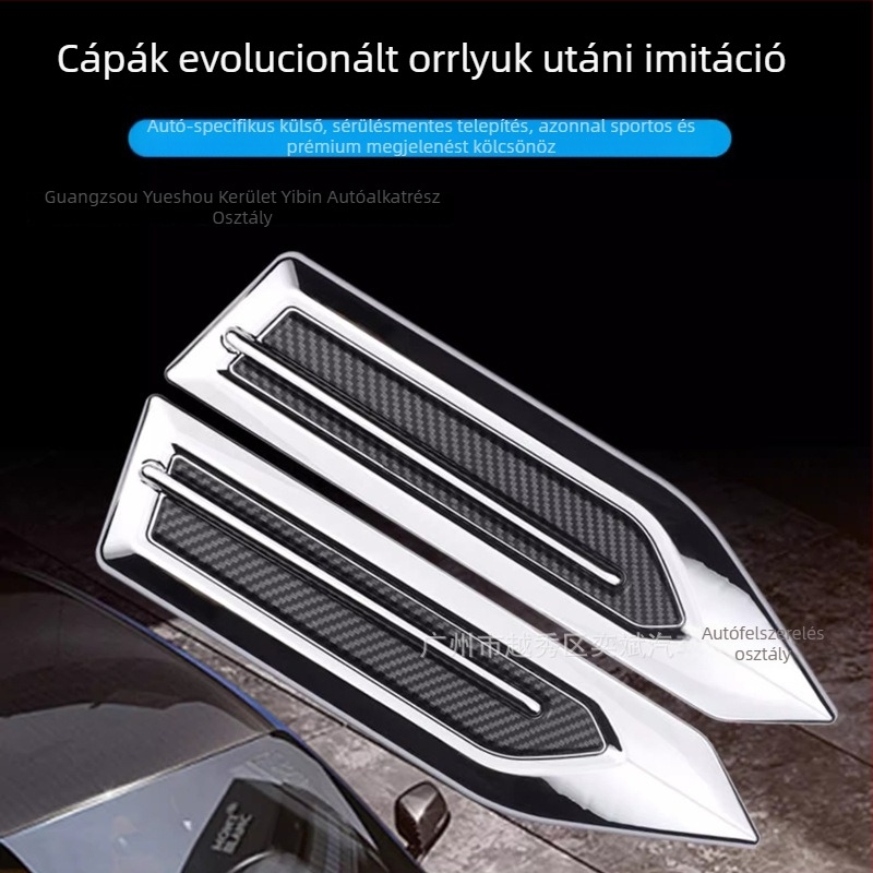 3D autó karosszéria matrica cápauszony és oldalsó légkivezető dizájnnal, ABS, HDELF, ragasztóval történő telepítés