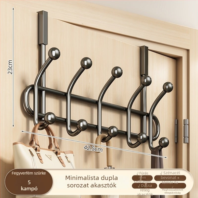 Ajtóra szerelhető ruhatartó, fúrás nélkül, szénacélból, egyrészes kampó, teherbírás 20–30 kg