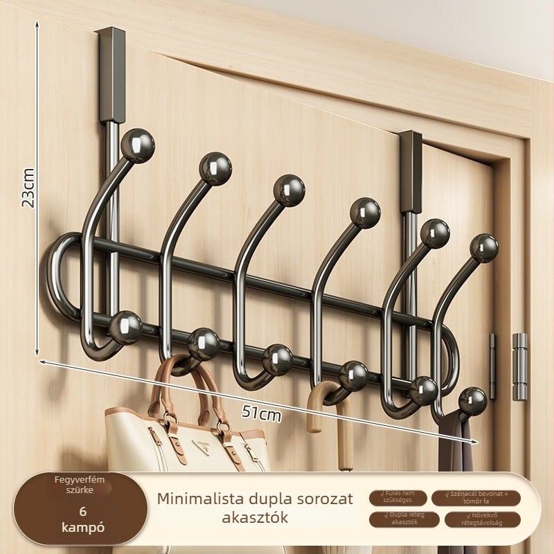 Ajtóra szerelhető ruhatartó, fúrás nélkül, szénacélból, egyrészes kampó, teherbírás 20–30 kg