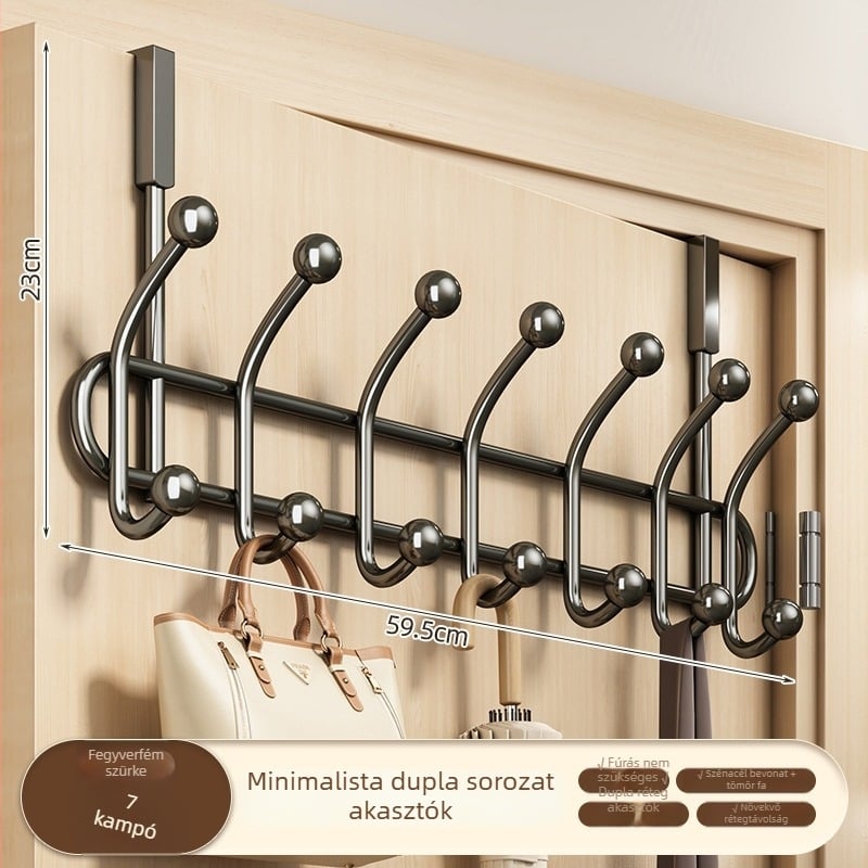 Ajtóra szerelhető ruhatartó, fúrás nélkül, szénacélból, egyrészes kampó, teherbírás 20–30 kg