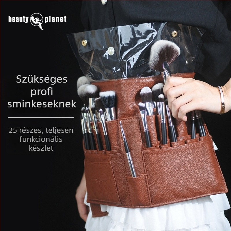 25 darab sminkecset készlet nylon sörtékkel, fa nyéllel, ecsettáskában