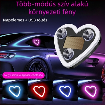 Autó belső LED hangulatvilágítás, szív alakú, háromszög alakú oldalsó ablak díszítés, USB-tápellátás és napelemes üzemmód