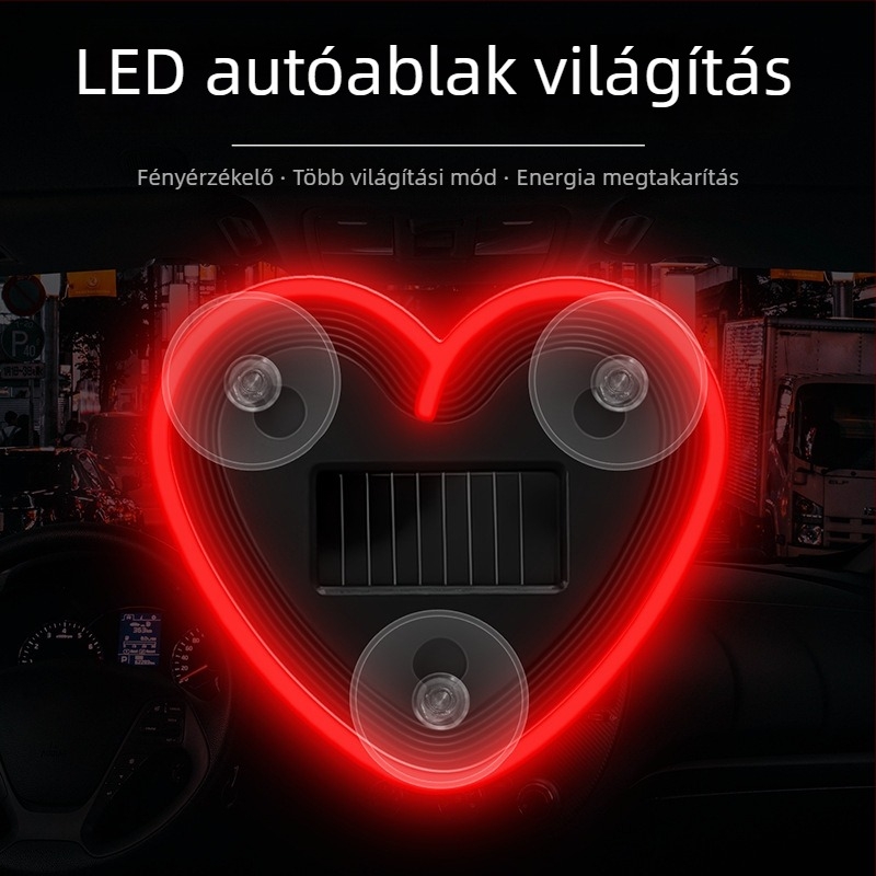Autó belső LED hangulatvilágítás, szív alakú, háromszög alakú oldalsó ablak díszítés, USB-tápellátás és napelemes üzemmód