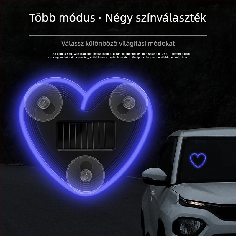 Autó belső LED hangulatvilágítás, szív alakú, háromszög alakú oldalsó ablak díszítés, USB-tápellátás és napelemes üzemmód
