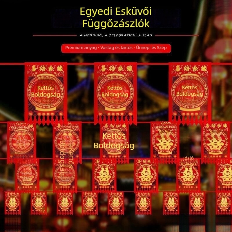 Esküvői girlandához készült zászlók – négyzet alakú zászlók, szalagból készült lánc, kültéri udvari dekoráció kettős boldogság motívummal