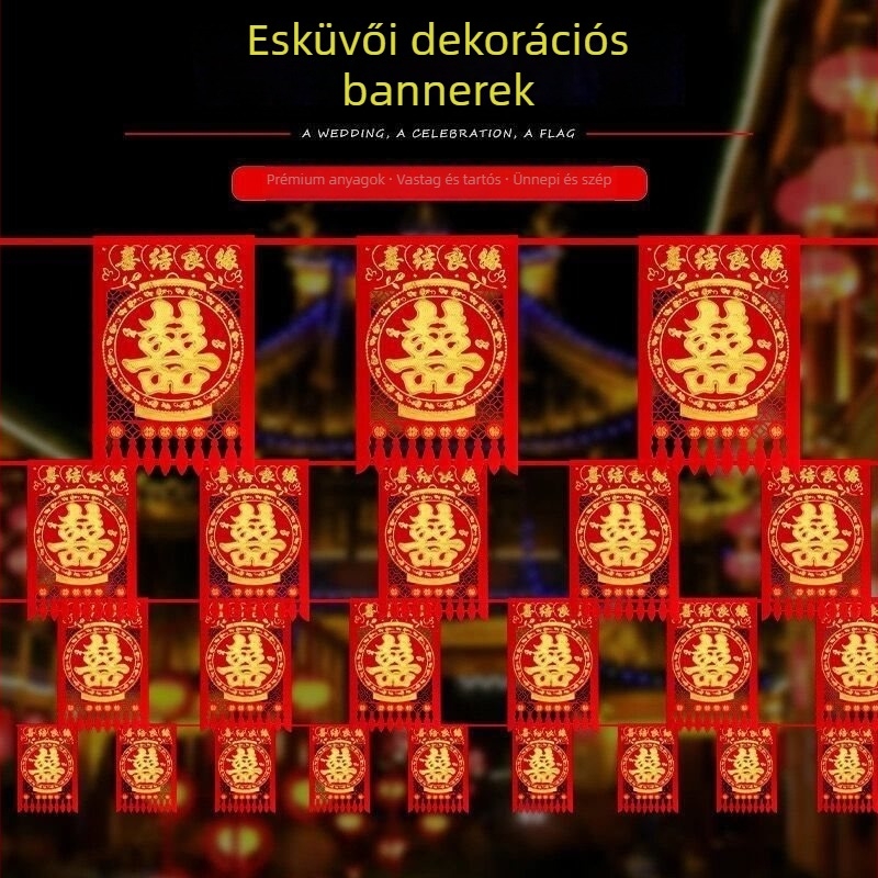 Esküvői girlandához készült zászlók – négyzet alakú zászlók, szalagból készült lánc, kültéri udvari dekoráció kettős boldogság motívummal