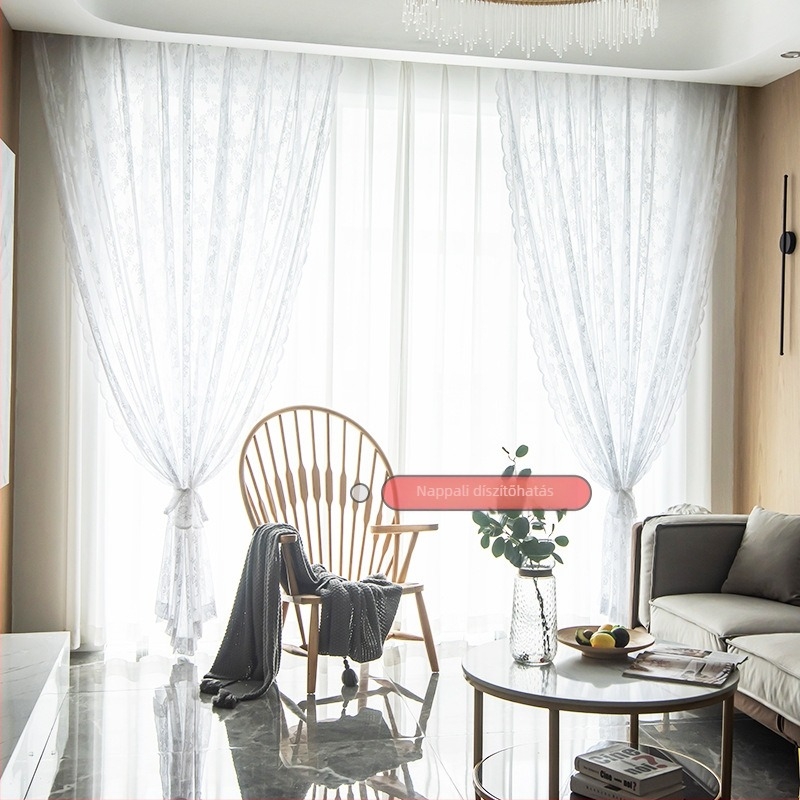 Flanel függöny csipkével és gézzel, áttetsző (árnyékolás 1–40%), pásztor stílus, fúrás nélküli szerelés