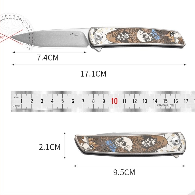 Hajtható kés M390 titánötvözetből, penge 7,4 cm, PioneerEDC, hordozható kültéri használathoz