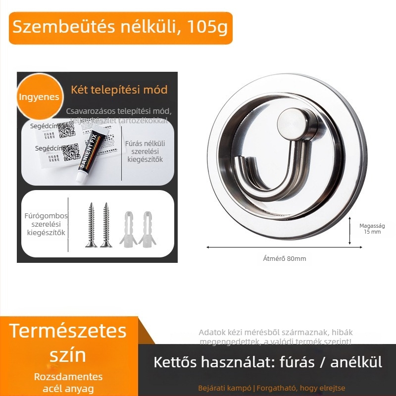 304 rozsdamentes acél ajtókampó, fúrás nélküli szerelés, teherbírás, polírozott felület, bejárathoz