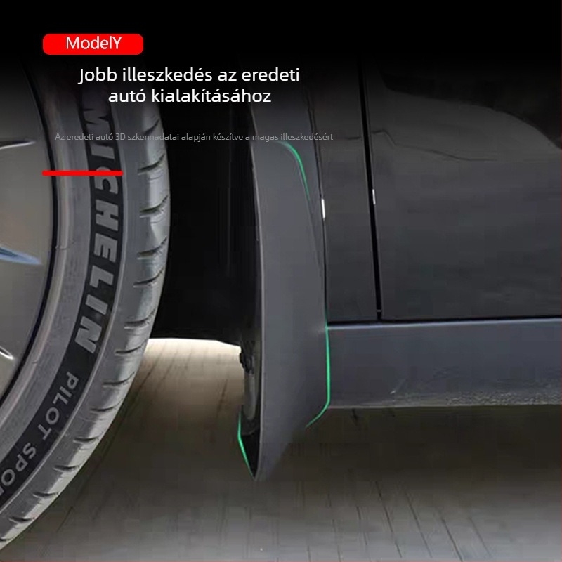 Tesla Model Y sárvédő – elő- és hátsó, fúrás nélkül telepítés, PP műanyag, puha gumis védőlemez