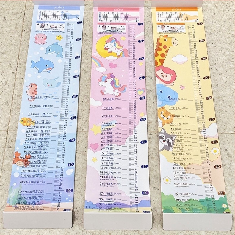 Újszülött magasság- diagram falikép, vízálló PVC, aranyos állatok mintával, teljes hosszúságú