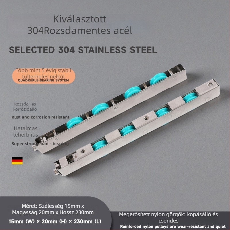 Négykerekes rozsdamentes acél csúszó ajtó görgő, nehéz használat, teherbírás 110 kg, tengely Ø5.8 mm, kötélbarázda sugar 8.5 mm, külső Ø15 mm