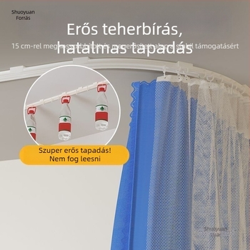 Ágyfüggöny-rendszer, vasból készült konstrukció, felső ragasztós telepítés (fúrás nélkül), hajlékony U-alakú kialakítás nagy térhez, kétszintű háromajtós csúszó sín, kettős vezető sín