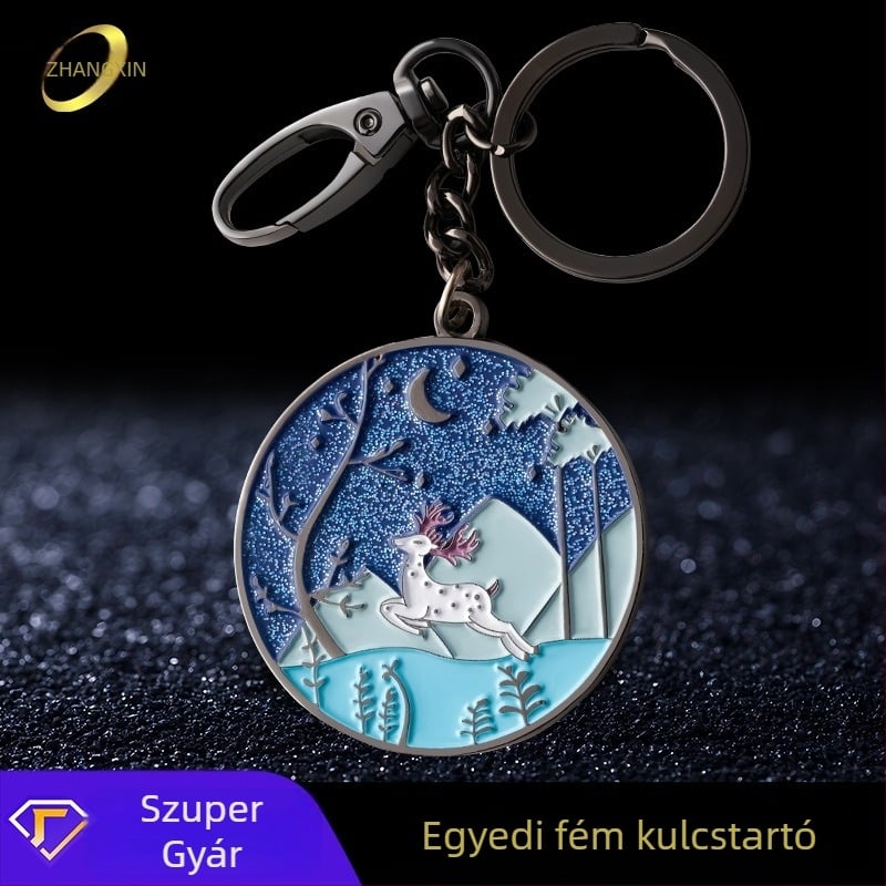 Cinkötvözetből készült kulcstartó, zománcolt felülettel, egyedi kivitelben; vállalati évforduló és diplomaemlék