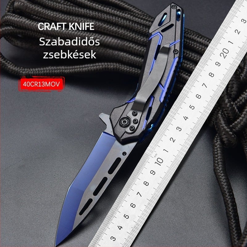 Gyorsnyitású összecsukható kés, rozsdamentes acélból, könnyű kialakítás, ördög mintázat