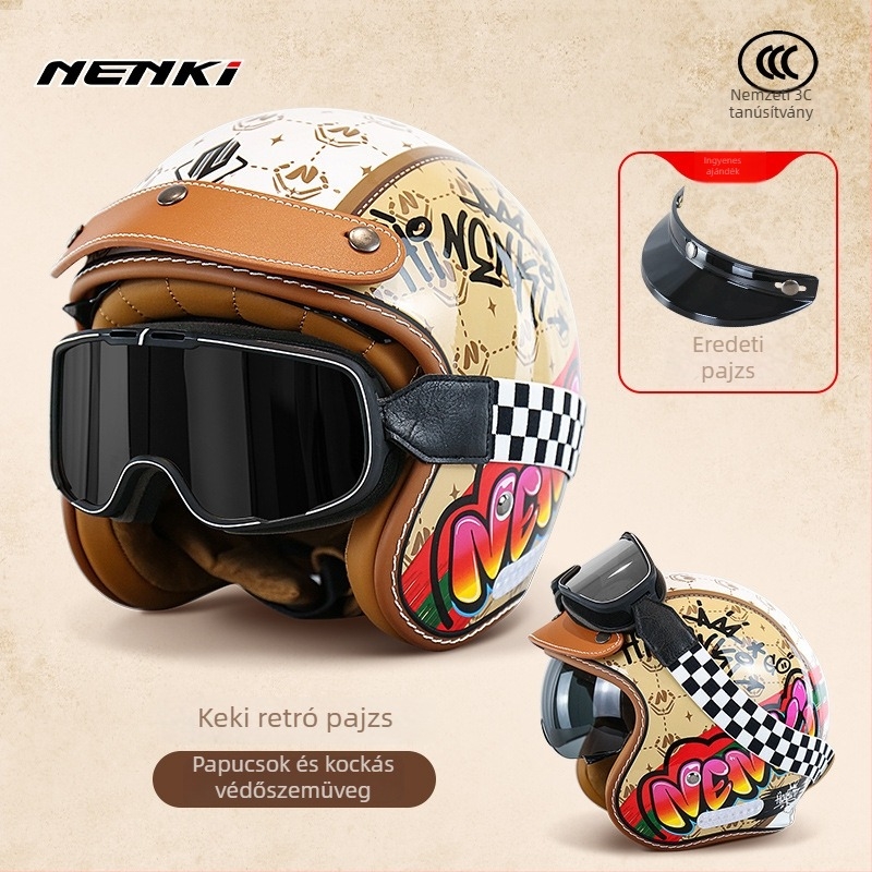 Retro félfejes motorkerékpár sisak – ABS, vintage stílus, DOT és 3C tanúsítvány, felnőtteknek, minden évszakban