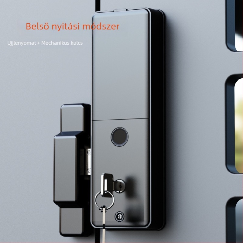 Intelligenszár vas kapukhoz arcfelismeréssel, tenyér- és ujjlenyomattal, jelszóval és távoli feloldással, látható macskaszem kilátóval; 0,1 s ujjlenyomat-szkennelés, 100 tárolt lenyomat, 100000+ feloldási ciklus, -20°C-tól 70°C-ig, 0–92% relatív páratartal