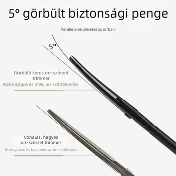 Rozsdamentes acélból készült orrtisztító készlet: kerek fejű trimmelő, görbült végű biztonsági olló és kézi csipesz