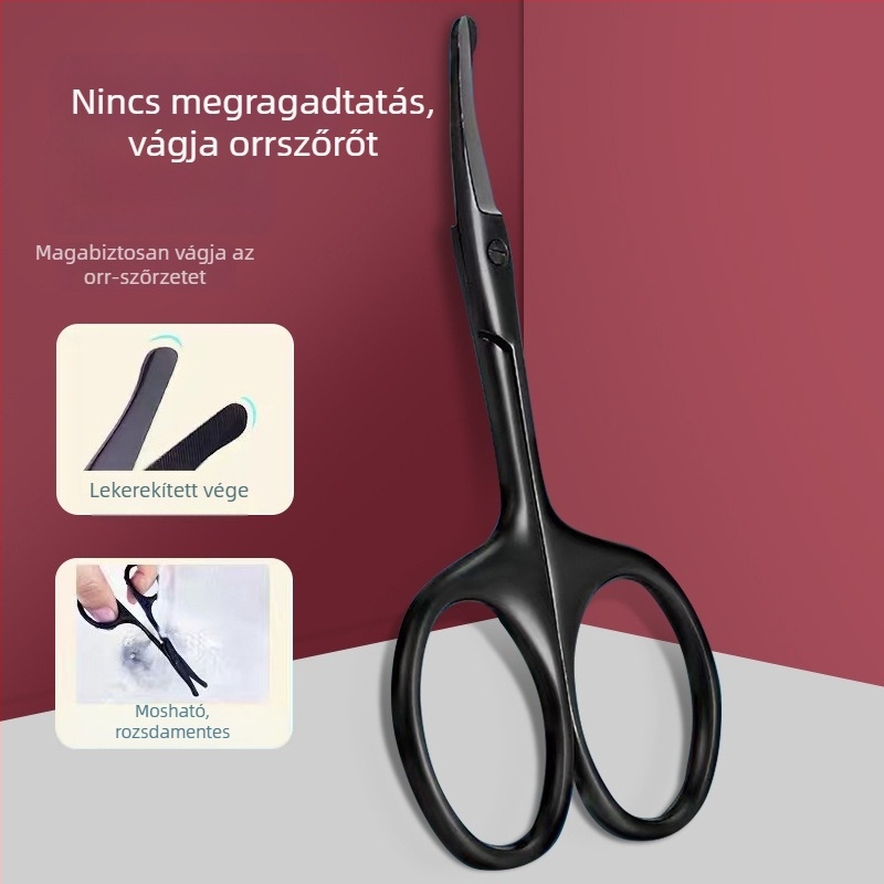 Rozsdamentes acélból készült orrtisztító készlet: kerek fejű trimmelő, görbült végű biztonsági olló és kézi csipesz