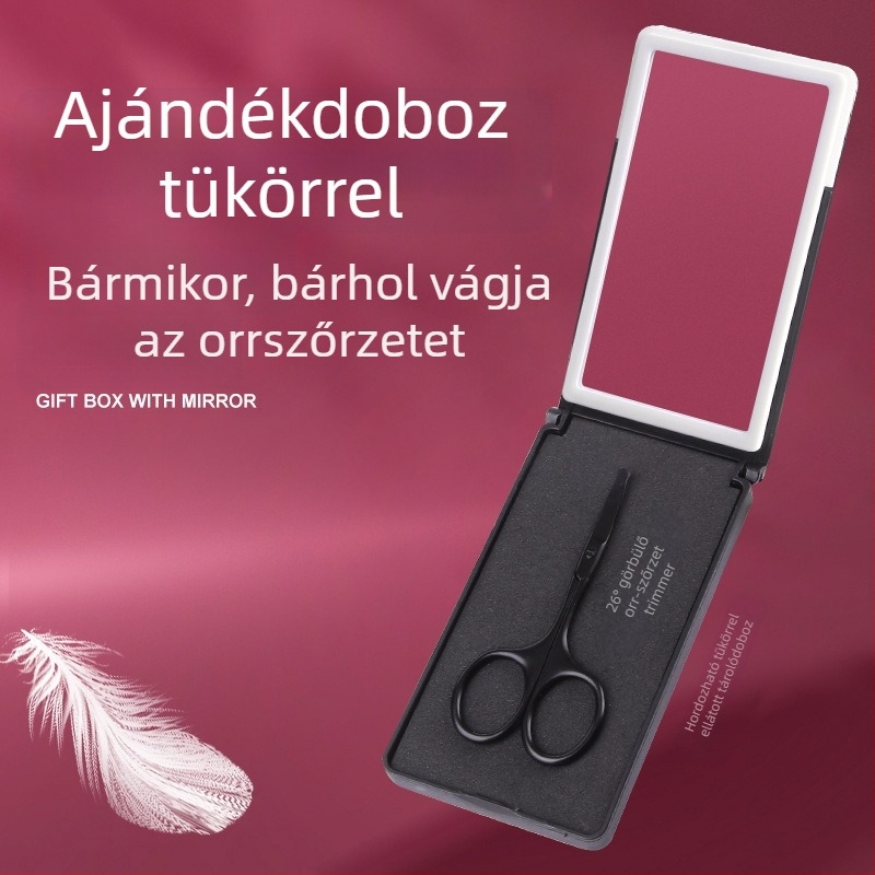 Rozsdamentes acélból készült orrtisztító készlet: kerek fejű trimmelő, görbült végű biztonsági olló és kézi csipesz