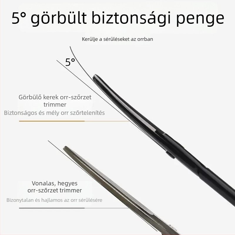 Rozsdamentes acélból készült orrtisztító készlet: kerek fejű trimmelő, görbült végű biztonsági olló és kézi csipesz