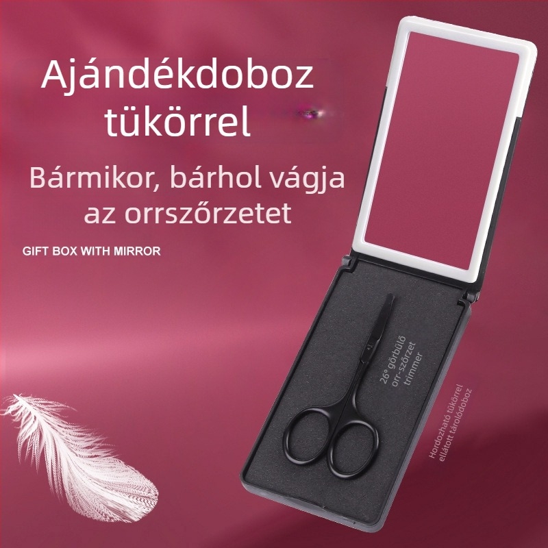 Rozsdamentes acélból készült orrtisztító készlet: kerek fejű trimmelő, görbült végű biztonsági olló és kézi csipesz