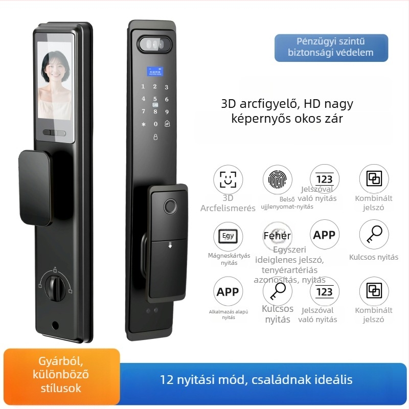 Intelligens ajtózár, vízálló, ujjlenyomat, tenyér-ér és arcfelismerés (50 ujjlenyomat tárolás; 100000+ nyitási ciklus; -25°C to 60°C; relatív páratartalom 20-95%)