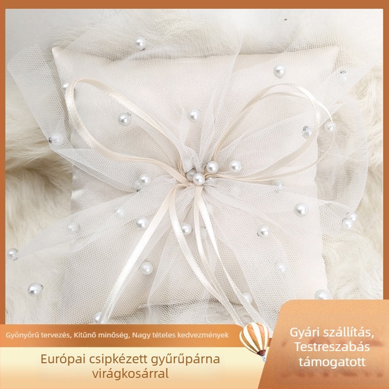 Európai csipkével és gyöngyökkel díszített gyűrűpárna (Márka: Rain Leaf; Csomagolás: PP zacskó; Esküvő)