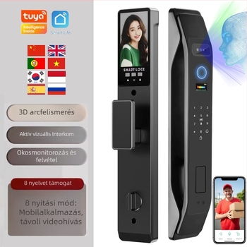 Okos ajtózár ujjlenyomat- és arcfelismeréssel és jelszóval – 0,3 s szkennelés, 100 ujjlenyomat tárolása, hamis elfogadás aránya 0,001, -30°C-tól 70°C-ig