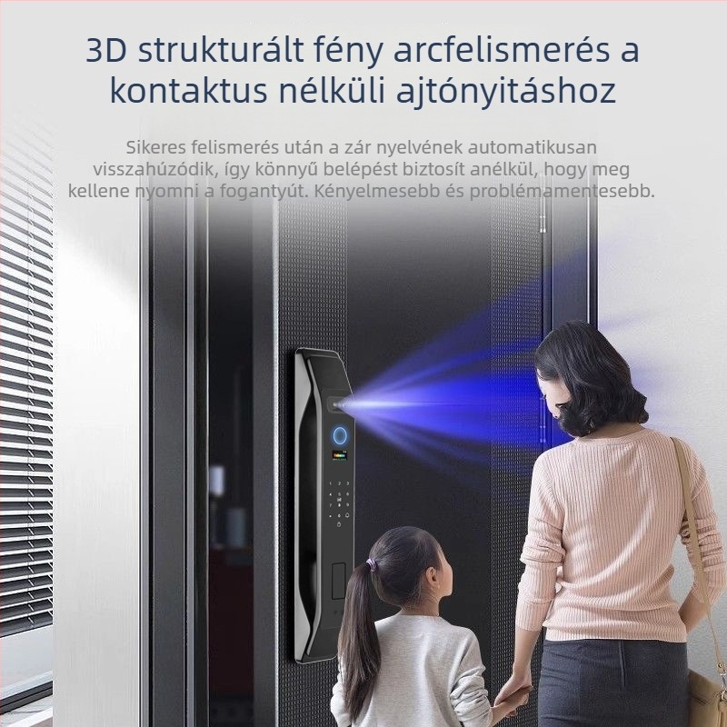 Okos ajtózár ujjlenyomat- és arcfelismeréssel és jelszóval – 0,3 s szkennelés, 100 ujjlenyomat tárolása, hamis elfogadás aránya 0,001, -30°C-tól 70°C-ig