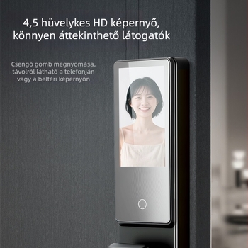 Okos zár arcfelismeréssel, vizuális peephole képernyő és ujjlenyomat, modell K13, 50 ujjlenyomat tárolás, FPR 0.0001%, FRR 0.01%, DC tápegység, kompatibilis 98%-os ajtókkal