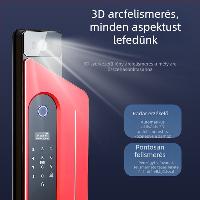 Okos zár arcfelismeréssel, vizuális peephole képernyő és ujjlenyomat, modell K13, 50 ujjlenyomat tárolás, FPR 0.0001%, FRR 0.01%, DC tápegység, kompatibilis 98%-os ajtókkal