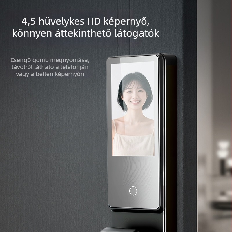 Okos zár arcfelismeréssel, vizuális peephole képernyő és ujjlenyomat, modell K13, 50 ujjlenyomat tárolás, FPR 0.0001%, FRR 0.01%, DC tápegység, kompatibilis 98%-os ajtókkal