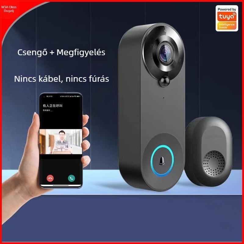 Okos Wi‑Fi videó ajtócsengő, modell W3A, beépített akkumulátor, 1080P felbontás, Wi‑Fi kapcsolat, távoli ébresztés