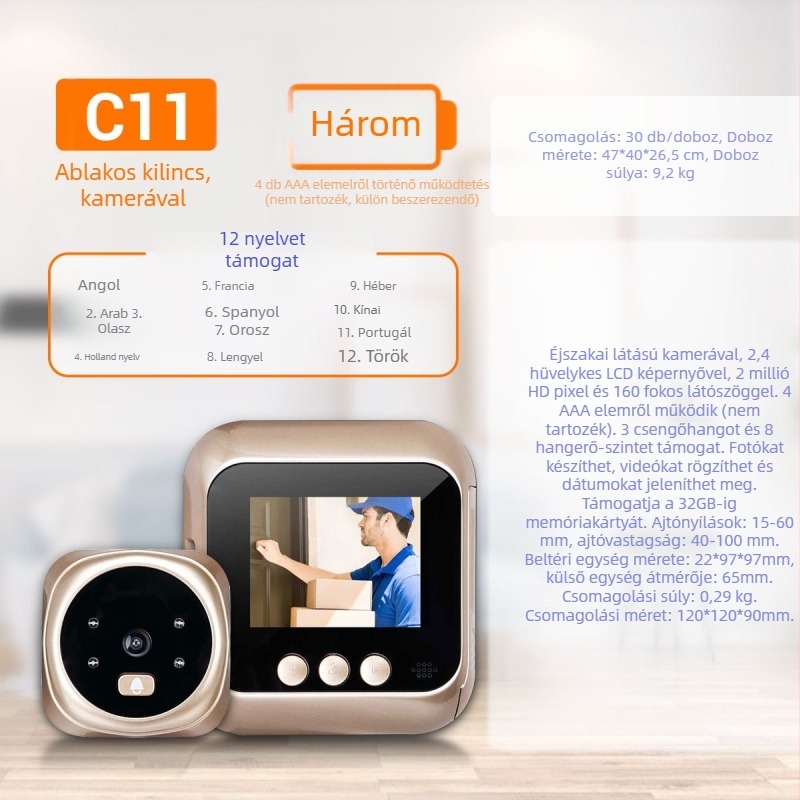 ESCAM C11 vizuális videó ajtócsengő, AAA elemről működő, 1.5V