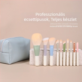 Sminkecset készlet, 10 darabos, hordozható, szintetikus sörtékkel, műanyag nyéllel, púderhez és szemhéjfestékhez