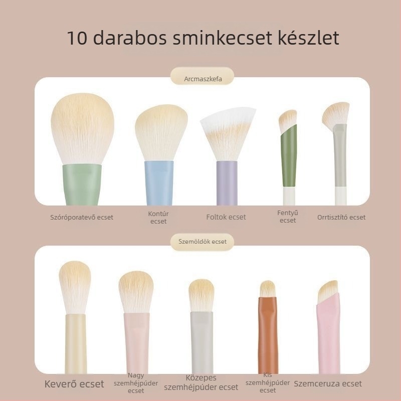 Sminkecset készlet, 10 darabos, hordozható, szintetikus sörtékkel, műanyag nyéllel, púderhez és szemhéjfestékhez