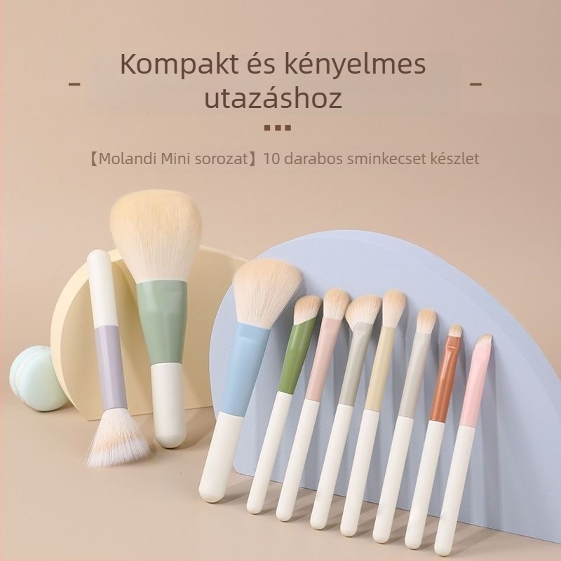 Sminkecset készlet, 10 darabos, hordozható, szintetikus sörtékkel, műanyag nyéllel, púderhez és szemhéjfestékhez