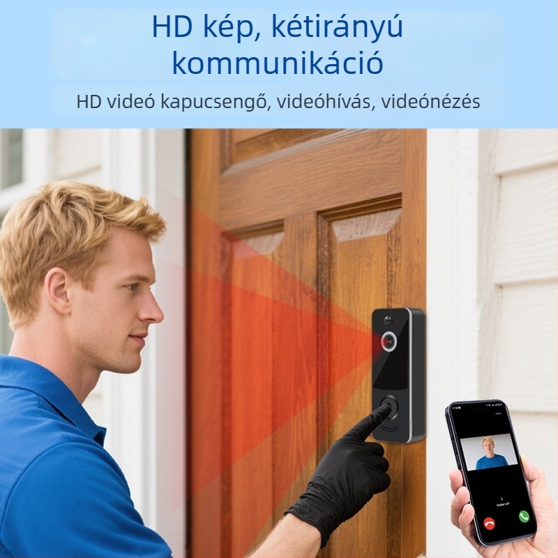 Vezeték nélküli ajtócsengő videóinterkommal – WiFi alkalmazáson keresztüli vezérlés, adó akkumulátoros, vevő USB tápegységgel, DC 5V 1A, 0,5W, BD2 modell