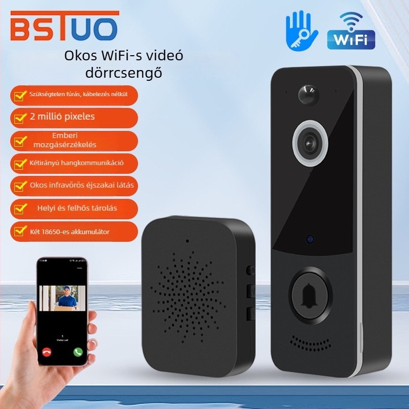 Vezeték nélküli ajtócsengő videóinterkommal – WiFi alkalmazáson keresztüli vezérlés, adó akkumulátoros, vevő USB tápegységgel, DC 5V 1A, 0,5W, BD2 modell