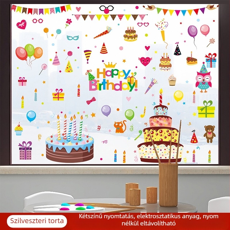 Ablakokra illeszkedő elektroasztatikus matricák gyerekek születésnapi bulijára – PVC anyagú, vízálló falmatrica, modern letisztult stílus