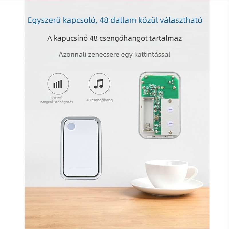 RG200 vezetéknélküli ajtócsengő – vevő Type-C tápegységgel; adó 12V23A; hatótávolság akár 250 m (falon át 100 m); adóvevő tápegység: 3x AA elem vagy közvetlen csatlakozás; működési hőmérséklet -20°C–45°C