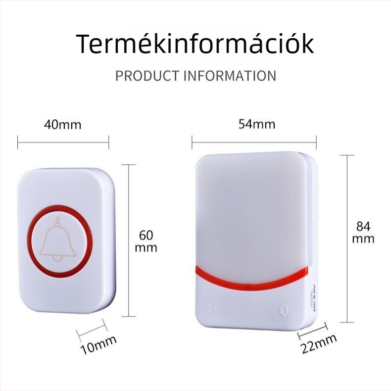 Kangfute CMF-1188 Vezeték nélküli ajtócsengő távirányítással — Tápellátás: Küldő CR2032; Vevő: 3× 7-es méretű elem — Beltéri, kültéri és kert használatra