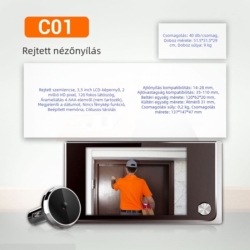 Intelligens vizuális ajtócsengő C01 beépített memóriával; modell C01; energia: AAA elem; alkalmas: családi ház, hotel, villa, apartman